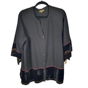 Democracy Black Button Down Blouse Boho Embroidered Short Slv Velvet Xl $88